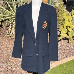 Leslie Fay Blue and Gold Tailored Blazer with Embroidered Emblem